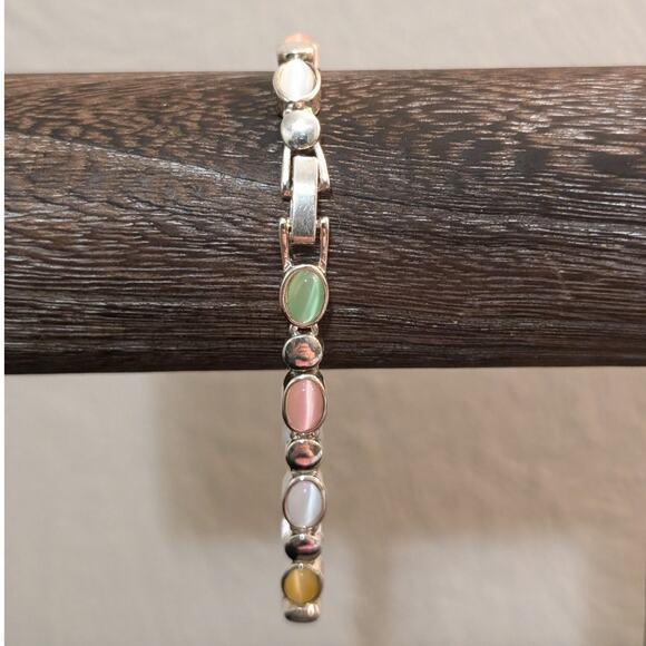 Signed PD Premier Designs Multicolor Pastel Moonglow Cab Silver Tone Bracelet - Picture 2 of 5